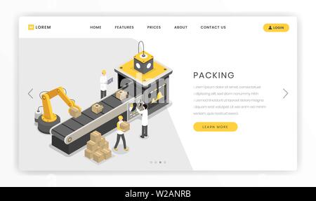 Packing manufacture, assembly stage landing page. Automated robotic claw packaging products ready for delivery vector illustration. Manufacture industry workers, engineers, scientists Stock Vector