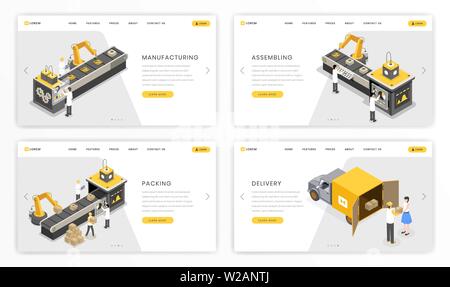Company manufacturing process landing page template. Factory stages of product assembly and distribution, delivery website isometric design set. Online merchandise manufacture and shipment business Stock Vector