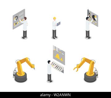 Factory workers, engineers and equipment set. Research facility, assembly, manufacture employees working 3d concept. Scientist, industrial expert, cybernetics professional isometric illustration Stock Vector