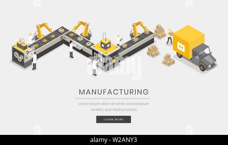 Manufacturing industry, business landing page template. Fully automated, autonomous assembly process, manufacture isometric vector illustration. Manufacture and distribution website 3d design Stock Vector