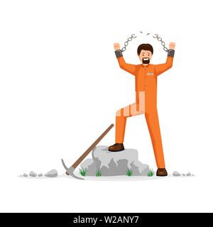 Freed prisoner with broken chains vector illustration. Man in orange prison uniform, hard labourer, rioting, conquering freedom. Male captive on correctional labour tearing shackles chain apart Stock Vector