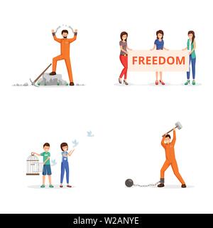 Conquering freedom vector illustrations set. Female activists with placard on demonstration, children setting pigeons free from birdcage. Chained person, prisoner tearing chains, handcuffs Stock Vector