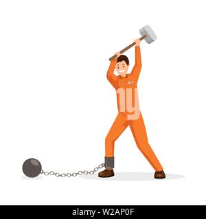 Convict breaking chain flat vector illustration. Man in prison uniform holding huge sledge hammer, trying to break chain with ball. Avoiding responsibility burden, mental pressure metaphor Stock Vector
