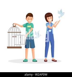Children setting birds free vector illustration. Cartoon kids, teenagers with open birdcage liberating pigeons. Animal rights activists, volunteers fighting for wild species natural habitat Stock Vector