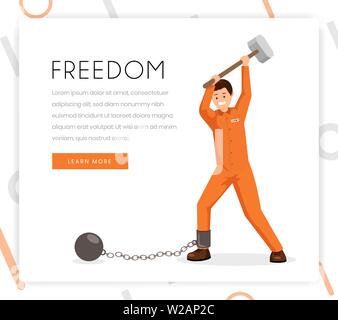 Fighting slavery vector landing page template. Prisoner, convict in uniform breaking shackles with sledge hammer. Human rights organization, freedom fighters foundation homepage design layout Stock Vector