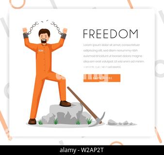 Conquering freedom vector landing page template. Liberated prisoner, convict in uniform with broken shackles with victorious gesture flat character. Human rights organization homepage design layout Stock Vector