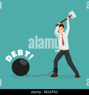 Paying debt metaphor vector poster template. Cartoon man breaking financial chains with sledge hammer. Happy debtor, businessman paying off debts, taxes, bank loans flat character Stock Vector