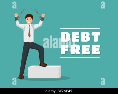 Debt free flat vector poster template. Cheerful man with broken chains celebrating financial independence with victorious gesture. Cartoon debtor happy after paying off debts, bank loans Stock Vector