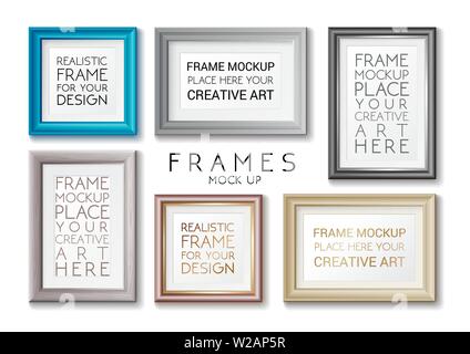 Realistic rectangular gold and blue frames set template, frames on the wall mockup with decorative borders Stock Vector