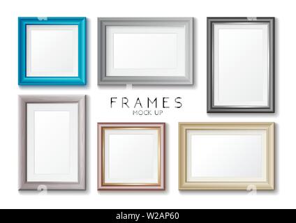 Realistic rectangular gold and blue frames set template, frames on the wall mockup with decorative borders Stock Vector