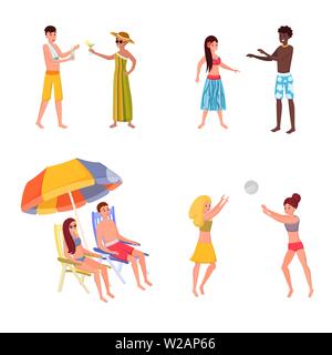 Boyfriend saving girlfriend from sand castle. Amazing sandcastle, sculpture on ocean, sea shore of tropical island cartoon vector illustration. Having fun, spending time with friends on vacation Stock Vector