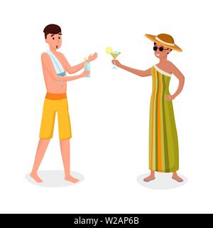Summer vacation activity flat vector illustration. Happy, smiling tourists, friends on beach holiday isolated cartoon character. Couple, boyfriend and girlfriend drinking alcohol, cocktails Stock Vector
