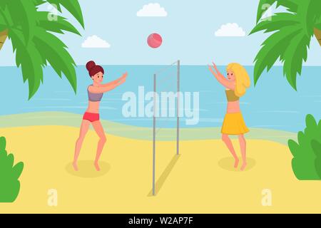 Playing beach volleyball on summer vacation. Enjoying game with friends on seashore flat vector illustration. Healthy lifestyle, keeping in shape with summertime activities cartoon concept Stock Vector