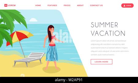 Summer vacation on island landing page. Relaxing resort holiday on luxurious seashore flat summertime ocean shore activity vector illustration. Traveling agency website, webpage template Stock Vector