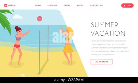Playing volleyball on resort landing page. Girlfriends, holidaymakers enjoying friendly ball game, having fun on vacation, holiday flat vector illustration. Traveling agency website, webpage template Stock Vector