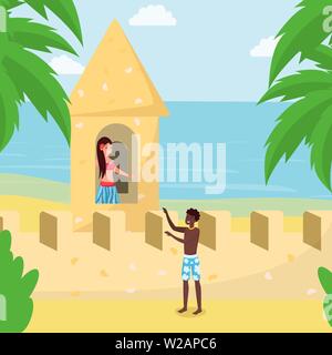 Boyfriend saving girlfriend from sand castle. Amazing sandcastle, sculpture on ocean, sea shore of tropical island cartoon vector illustration. Having fun, spending time with friends on vacation Stock Vector