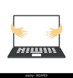 Laptop with blank display flat vector illustration. Business, remote job, freelance, office work attribute. Modern electronic device, portable wireless computer, freelancer equipment hugged by arms Stock Vector