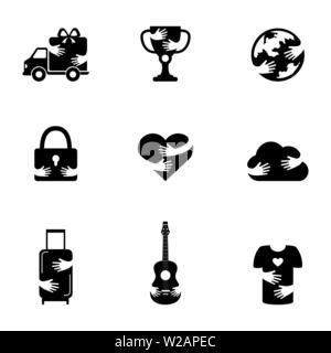 Negative space icons set for various themes. Delivery service, internet technology and love silhouette symbols. Trophy, lock, luggage and t shirt with heart hugged by arms vector isolated illustration Stock Vector