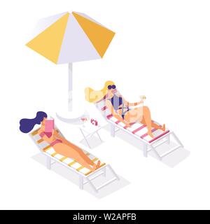 Girlfriends sunbathing, relaxing on lounge chairs. Drink, cocktails, enjoying sunlight on seashore, beach isometric vector illustration. Summertime vacation, resting under umbrella in shade 3d concept Stock Vector