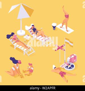 Summertime holiday on seashore isometric illustration. People enjoying summer vacation, relaxing and resting on sandy beach 3d concept. Hot day activities, sunbathing and working out Stock Vector