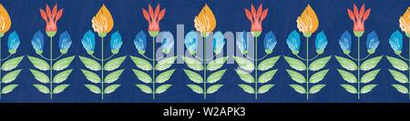 Vibrant saffron and red painterly flowers border design. Seamless vector pattern on textured background. Great for wellness, beauty, food products Stock Vector