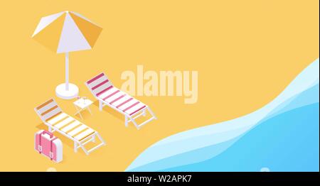 Summertime tropical holiday resort 3d concept. Two lounge chairs on seashore, ocean shore in summer isometric vector illustration. Spending hot vacation days on sandy beach under umbrella Stock Vector