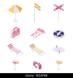 Traveling, tourism items illustration set. Beach equipment, essentials for tourists and foreign guests isometric vector collection. Deck chairs, cocktails, luxury resort attribute 3d concept Stock Vector
