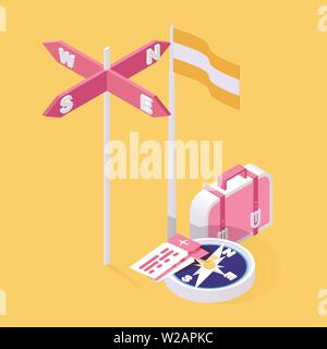 Traveling to other countries 3d concept. Tourism in foreign environment, choosing holiday, travel destination isometric vector illustration. Packing bags, luggage for flight to summer resort concept Stock Vector