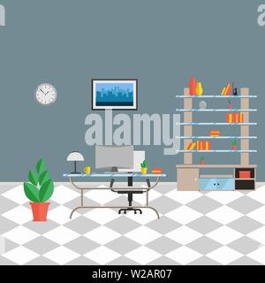 Interior cabinet in high-tech style A complete set of furniture and decorations for the cabinet Vector flat illustration Stock Vector