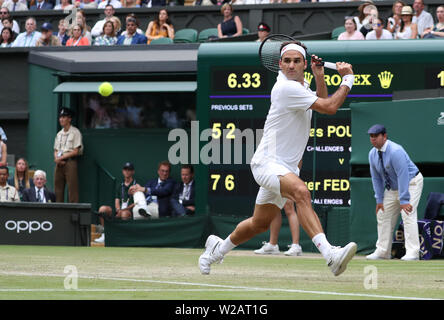 London, UK. 06th July, 2019. Roger Federer playing Lucas Pouille on Day Six at The Wimbledon Championships tennis, Wimbledon, London on July 6, 2019 Credit: Paul Marriott/Alamy Live News Stock Photo