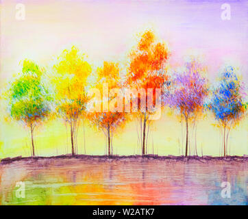 Oil acryl painting landscape, colorful yellow red trees. Hand Painted Impressionist, outdoor landscape. Stock Photo