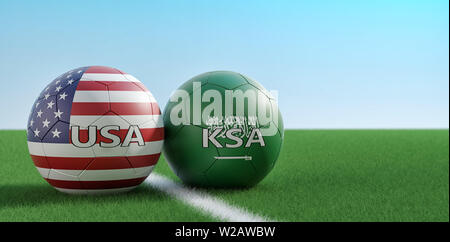 Saudi Arabia vs. USA Soccer Match - Soccer balls in Saudi Arabia and USA national colors on a soccer field. Copy space on the right side - 3D Renderin Stock Photo