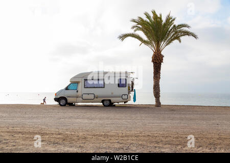 Person walking on beach with mobile caravan near a palm tree Stock Photo