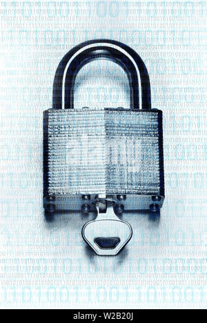 Concept digital security and encryption with binary code overlaid on steel padlock and key on scratched steel surface Stock Photo
