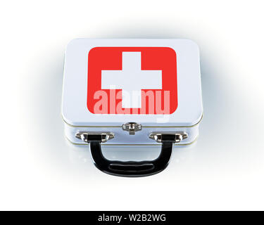 Tin first aid kit with cross emblem on white background Stock Photo