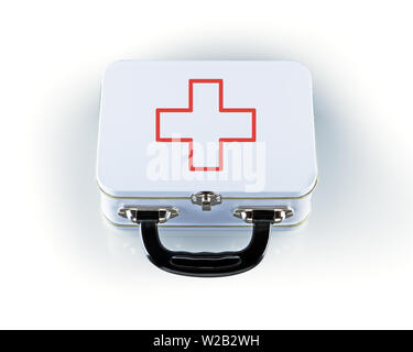 Tin first aid kit with cross emblem on white background Stock Photo
