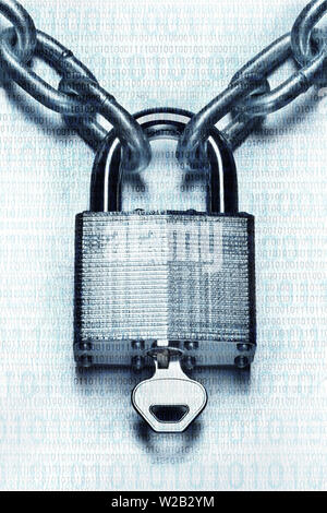 Security concept. Closeup image of chain and locked padlock with key on blue steel white background Stock Photo