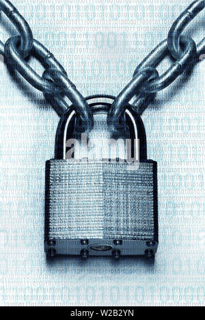 Impenetrable security concept. Closeup image of chain and locked padlock  on blue steel white background Stock Photo