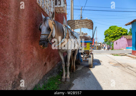 Trinidad, Cuba - June 6, 2019: Horse Carriage in the streets of a small Cuban Town during a vibrant sunny day. Stock Photo