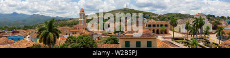 Aerial panoramic view of a small touristic Cuban Town during a sunny and cloudy summer day. Taken in Trinidad, Cuba. Stock Photo