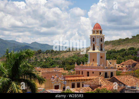 Aerial view of a small touristic Cuban Town during a sunny and cloudy summer day. Taken in Trinidad, Cuba. Stock Photo