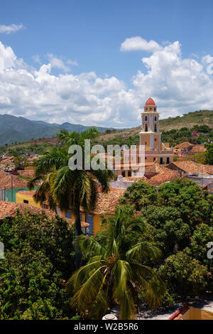 Aerial view of a small touristic Cuban Town during a sunny and cloudy summer day. Taken in Trinidad, Cuba. Stock Photo