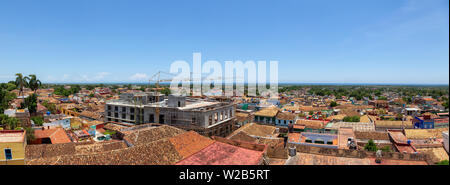 Aerial panoramic view of a small touristic Cuban Town during a sunny and cloudy summer day. Taken in Trinidad, Cuba. Stock Photo