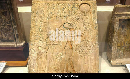 CAIRO, EGYPT- SEPTEMBER, 26, 2016: a stela of akhenaten and nefertiti in cairo, egypt Stock Photo