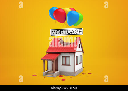 3d rendering of one-storey house with big hole in red roof and bunch of colorful balloons above carrying big sign that reads MORTGAGE on yellow Stock Photo