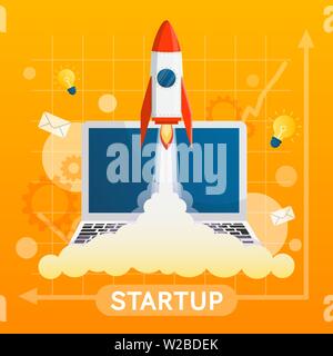 Startup concept with element vector on yellow background or banner Stock Vector