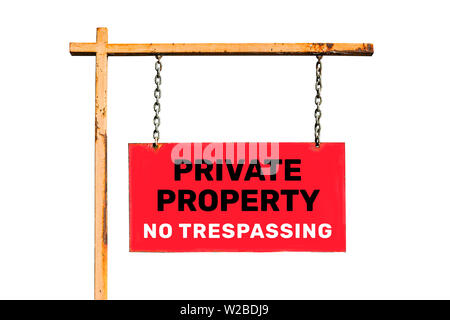 Vintage street sign isolated. With the inscription 'Private property. No trespassing'. Isolated Stock Photo