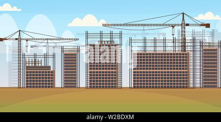 building construction site with cranes unfinished residential area buildings cityscape background flat horizontal Stock Vector