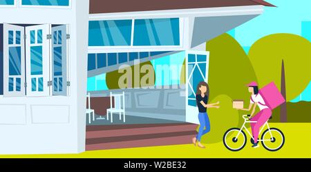 woman receiving order paper box from courier with backpack riding a bike express food delivery concept modern house building exterior flat horizontal Stock Vector