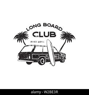 Vintage surf logo print design for t-shirt and other uses. Long Board Club typography quote calligraphy and van car icon. Unusual hand drawn surfing Stock Vector